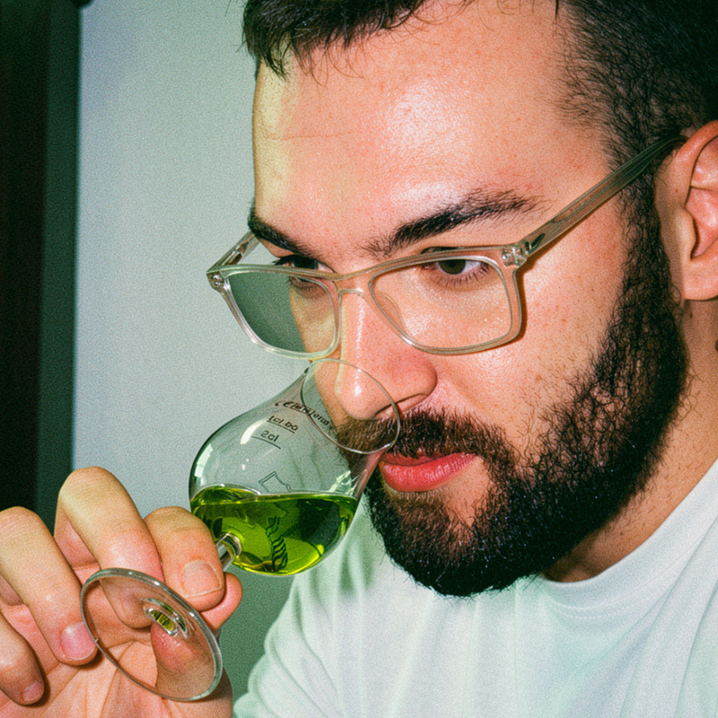 Ein Mann mit einer Brille der an einem Glas trinkt.
