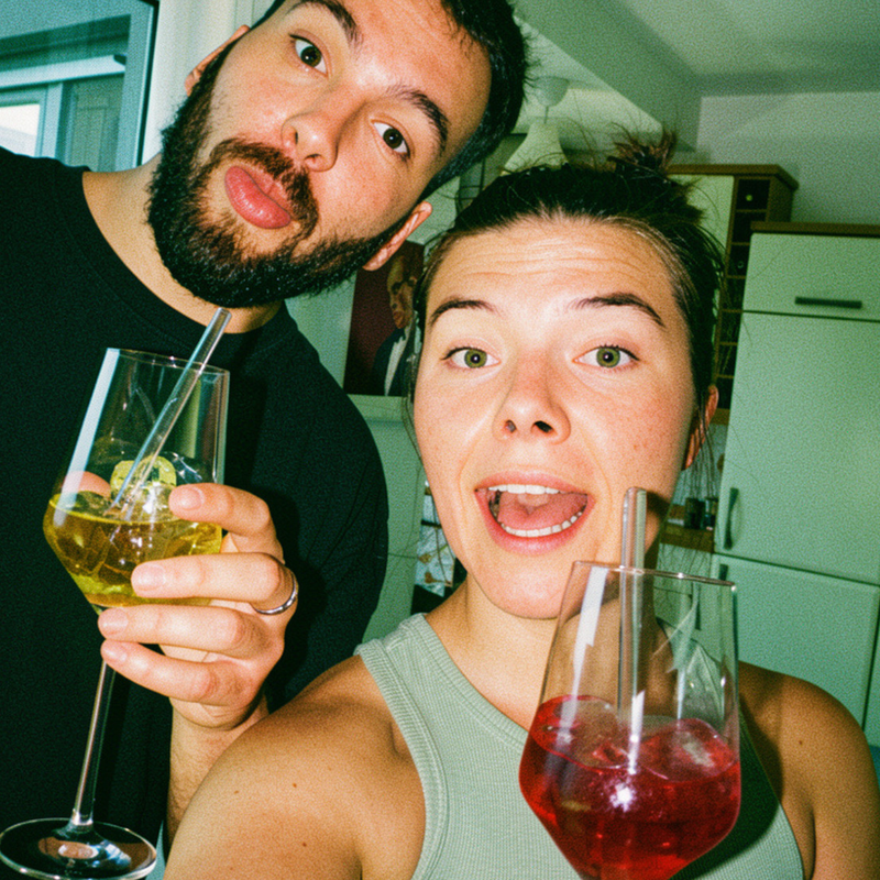 Zwei Personen, Hanna und Tim von HEYBEVS, die jeweils ein Glas mit einem Spritzgetränk in der Hand halten.